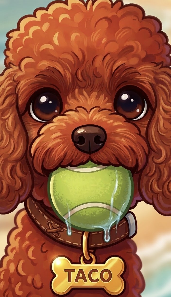 Taco, a curly brown dog holding a tennis ball, with a gold Taco name tag